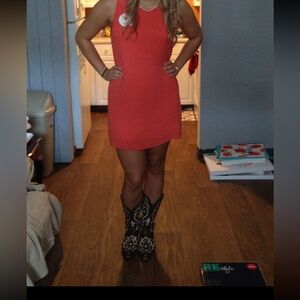 Orange,lined, bow back drop dress.